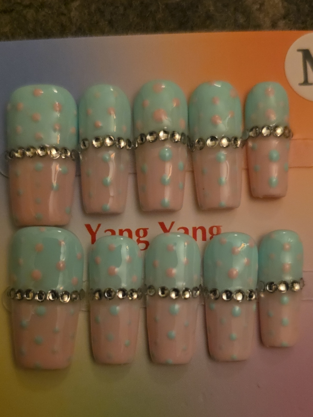 Pastel Blue & Pink Polka Dot Rhinestone Press-On Nails Size Med Set Of 10